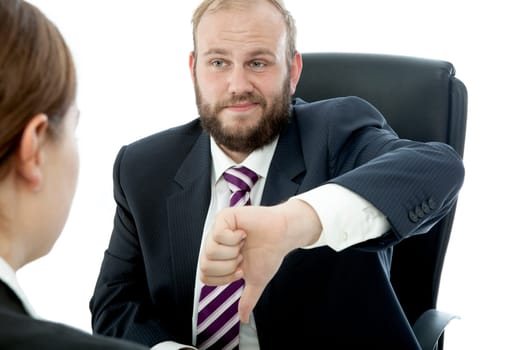 beard business man brunette woman at desk bad work