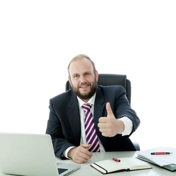 beard man thumb up at the desk