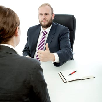 beard business man brunette woman at desk good work