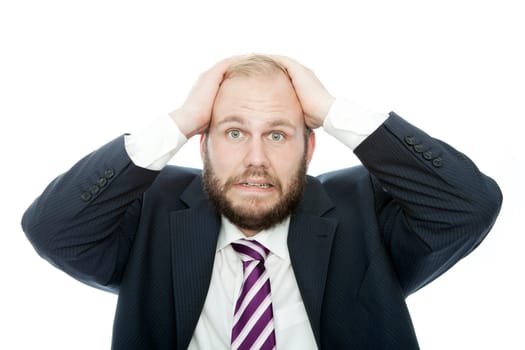 beard business man look shocked white background