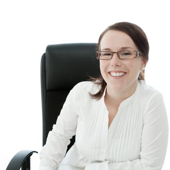 young brunette businesswoman with glasses smiling