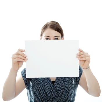 young brunette woman holds blank page