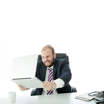 beard business man want crash laptop