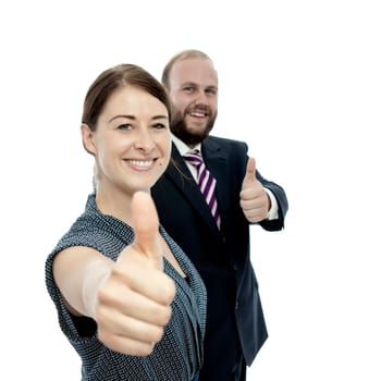 young brunette woman and beard business man thumbs up