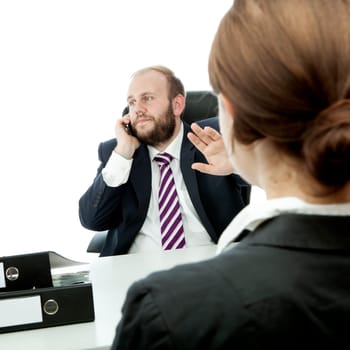 beard business man brunette woman at desk sign quiet