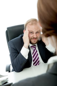 beard business man brunette woman at desk has headache