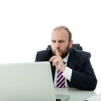 beared business man sign quiet person in laptop