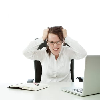 young brunette business woman with glasses is frustrated