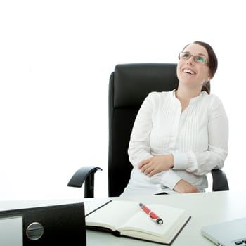 young brunette businesswoman with glasses is happy
