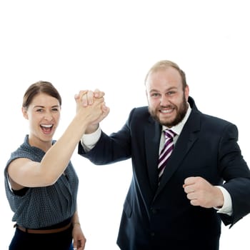 young brunette woman and beard business man