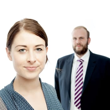 young brunette woman and beard business man