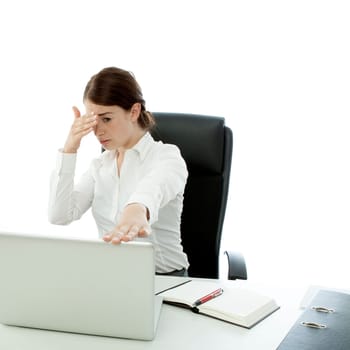 young beautiful brunette woman is shocked desk