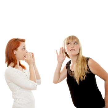 young beautiful red and blond haired girls in front of white background