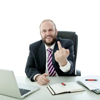 beard business man show middle finger at desk