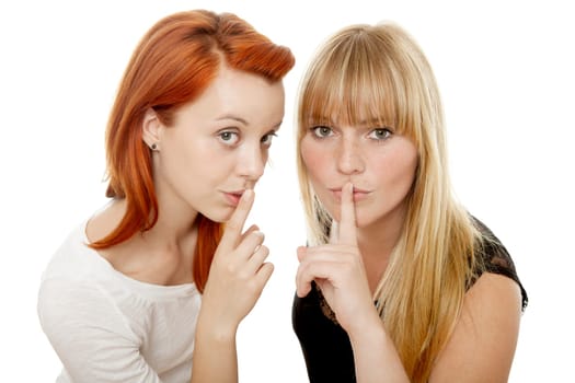 young beautiful red and blond haired girls in front of white background