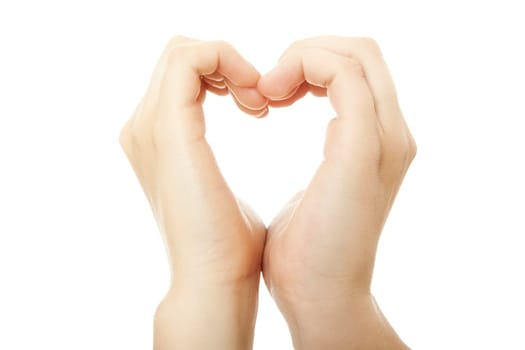 two hands forming one heart in front of white background
