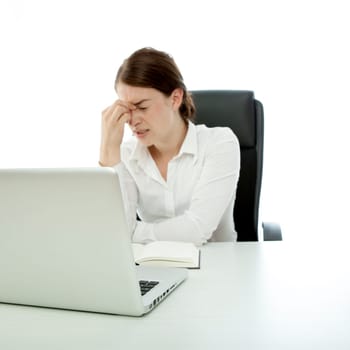 young brunette business woman headache touch head finger