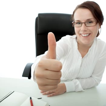 young brunette businesswoman with glasses thumb up