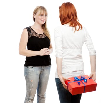 young beautiful red and blond haired girls in front of white background