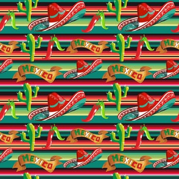 Mexico seamless pattern with cactus, hat and chill over stripped background. Vector illustration layered for easy manipulation and custom coloring.