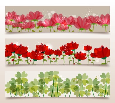 Spring time contemporary transparent flowers banner set. EPS10 file version. This illustration contains transparencies and is layered for easy manipulation and customization.