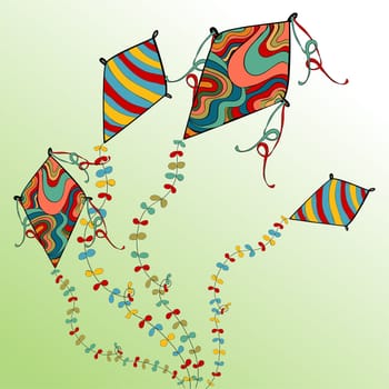 Vibrant colors spring flying kites. Vector file layered for easy manipulation and custom coloring.