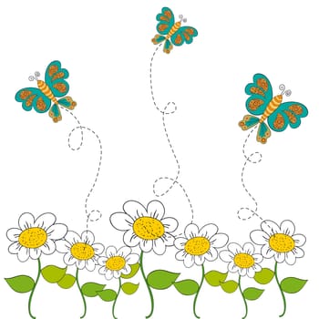 Flying butterfly and flowers spring background. Vector file layered for easy manipulation and custom coloring.