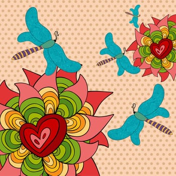 Vibrant spring butterfly and flowers background. Vector file layered for easy manipulation and custom coloring.