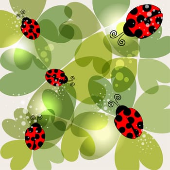 Spring time transparent clovers and beetles background. EPS10 file version. This illustration contains transparencies and is layered for easy manipulation and customization.