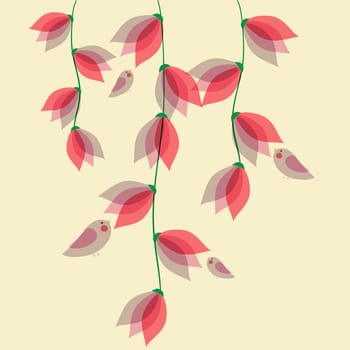 Spring time contemporary transparent flowers and birds background. EPS10 file version. This illustration contains transparencies and is layered for easy manipulation and customization.