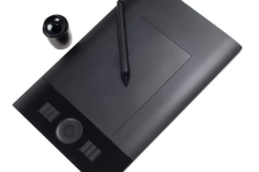 Black pen tablet with stylus isolated on white