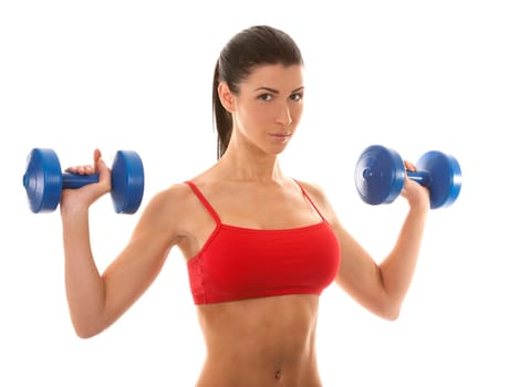 athletic brunette lifting weights on white isolated background
