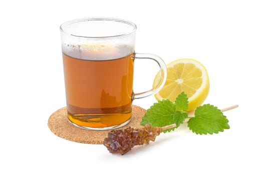 Hot cup of tea with lemon and lemon balm