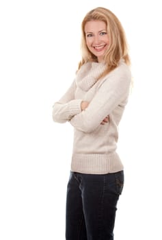 pretty blond woman wearing beige sweather on white background