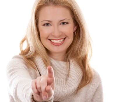 pretty blond woman wearing beige sweather on white background