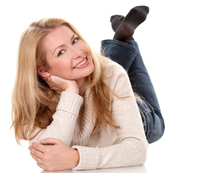 pretty blond woman wearing beige sweather on white background