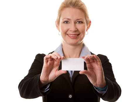 business woman in her 40s holding business card