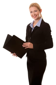 business woman in her 40s on white isolated background