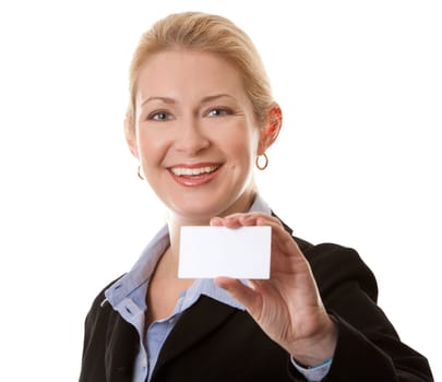 business woman in her 40s holding business card