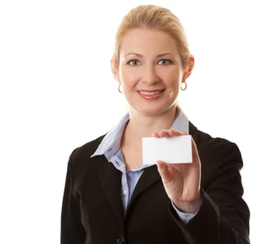 business woman in her 40s holding business card