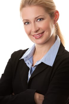 business woman in her 40s on white isolated background