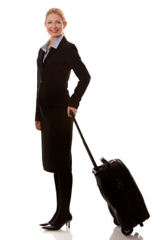 business woman in her 40s with suitcase on white background