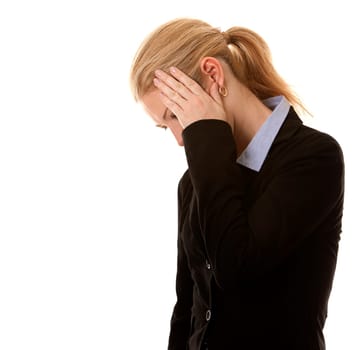 blond business woman hiding her face on white background