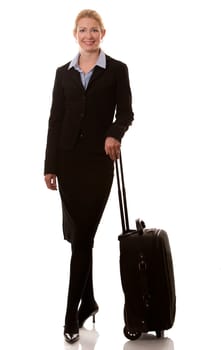 business woman in her 40s with suitcase on white background