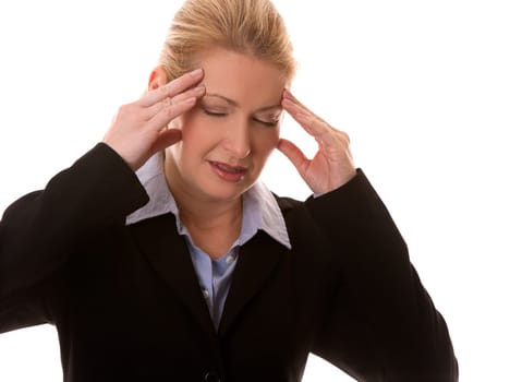 blond business woman having a headache on white background