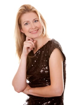 pretty blond woman wearing brown top sitting on white background
