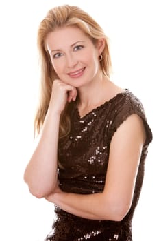 pretty blond woman wearing brown top sitting on white background