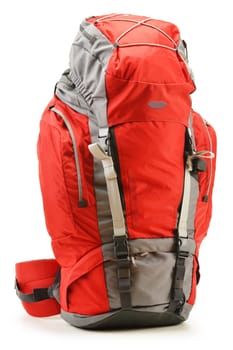 Large red touristic backpack isolated on white