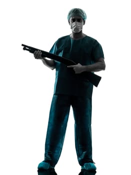 one caucasian man doctor surgeon medical worker with face mask silhouette isolated on white background