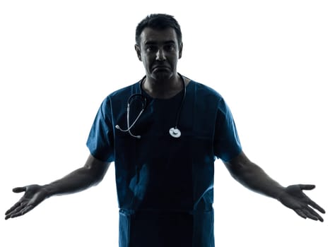 one caucasian ignorant man doctor surgeon medical worker silhouette isolated on white background
